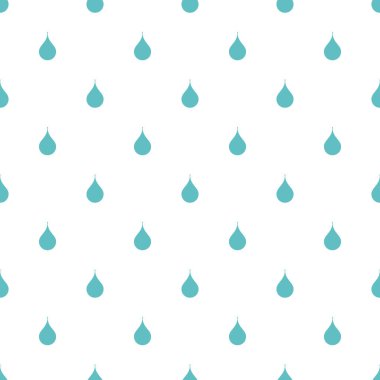 Beyaz zemin üzerinde mavi su damlaları olan kusursuz bir süs. Doğa, sıvı, yağmur deseni. Vektör çizimi. Çizgi film yağmur hava durumu duvar kağıdı. Yağmurlu gün