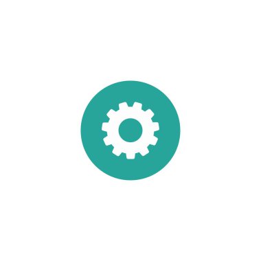 Dişli simgesi beyaza izole edildi. Mavi çemberde beyaz çam. Teknoloji veya yenilik için vektör düz çizim. Ayarlar veya bakım düğmesi