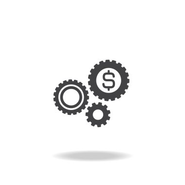 üç siyah dişli ve dolar işareti. Düz simge. Vektör çizimi. Geliştirme Maliyeti simgesi. Finansal teknoloji işareti. Ödeme ayarları resim grafiği.