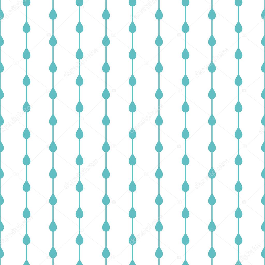 Seamless ornament with blue water drops on white background. Nature, liquid, rain pattern. Vector illustration. Cartoon rain weather wallpaper. Rainy day