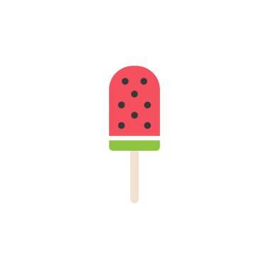 Beyaz arka planda dondurma lolipopu. Çubukta buzlu karpuzlu dondurma. Yaz tatlı ikonu. Vektör düz resimleme.