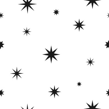 Siyah yıldızlı, parıltılı ve beyaz arka planda kar olan kusursuz bir desen. Vektör çizimi. Sihirli havai fişekler. Parlak Stardust geçmişi. Takımyıldız.
