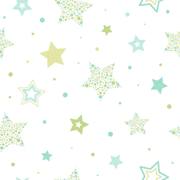 Seamless Cute Pattern Green Blue Stars Made Dots Circles White — Stock Vector