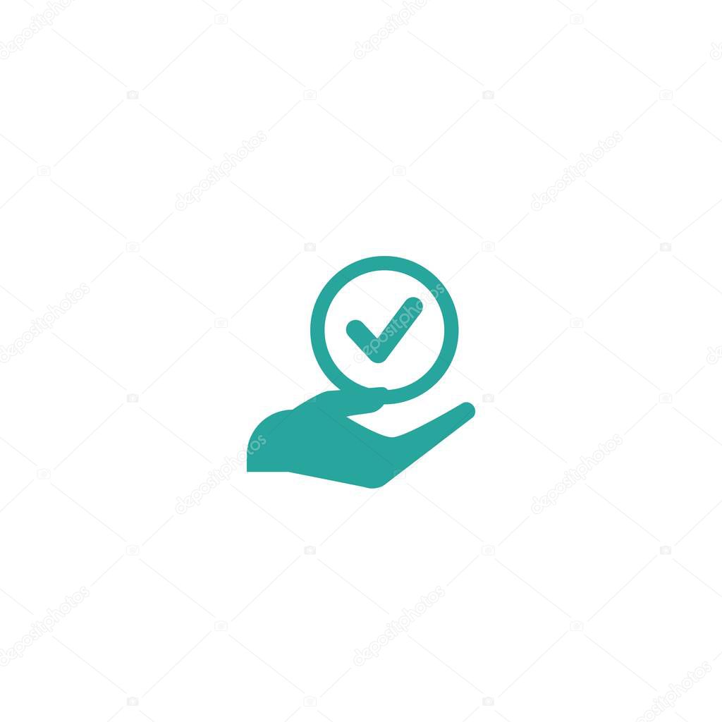 Valid Seal in hand icon. Black circle with ribbon outline and tick. Flat OK sticker icon. Isolated on white. Accept button.Quality symbol. Vector illustration.