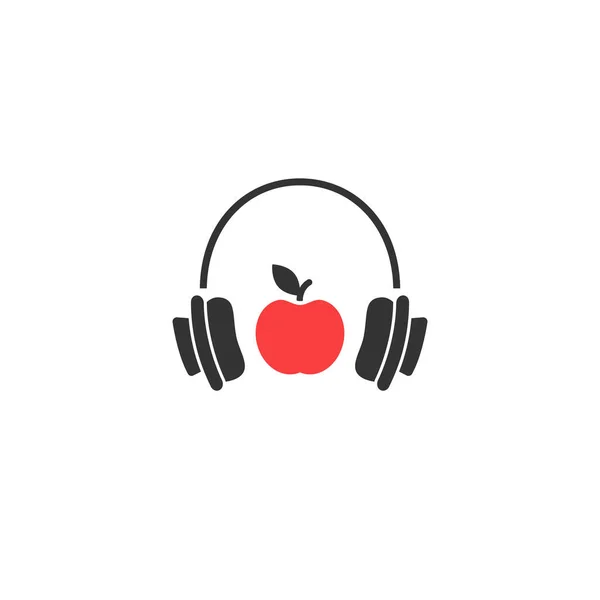 Black headphones with red apple icon. Flat vector earphones isolated on white. — Stock Vector