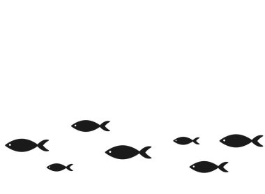 Siyah balıklarla beyaz yatay arka plan. Sade denizci dokusu. Vektör çizimi. Okyanus süsü.