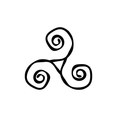 Triskelion ya da Triskele spiral el çizimi eski püskü bir sembol. Breton ve Kelt burcu. Vektör illüstrasyonu beyazda izole edildi.