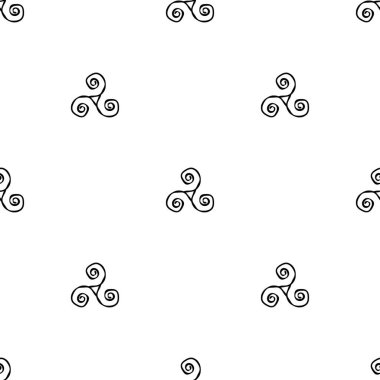 Triskelion ya da Triskele spiral üçgeniyle kusursuz bir süs. Elle çizilmiş eski püskü desen. Breton ve Kelt duvar kağıdı. Vektör illüstrasyonu beyazda izole edildi.