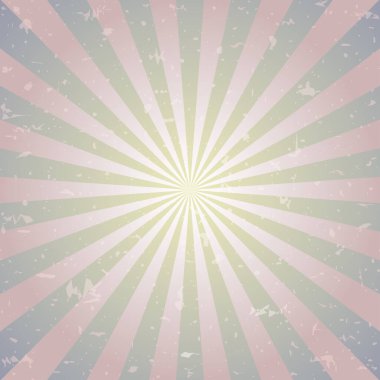 Retro solmuş grunge arkaplanı. Gri renkli arka plan patlaması. Vektör çizimi. Güneş ışını arka planı. Enkaz parçalarıyla benekli eski bir kağıt parçası. Eski tarz.