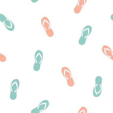 Beyaz arka planda mavi ve şeftali rengi terlikleri olan kusursuz bir süs. Parmak arası terlikler, sandalet ayakkabı desenleri. Vektör çizimi. Yaz, tatil, tatil duvar kâğıdı