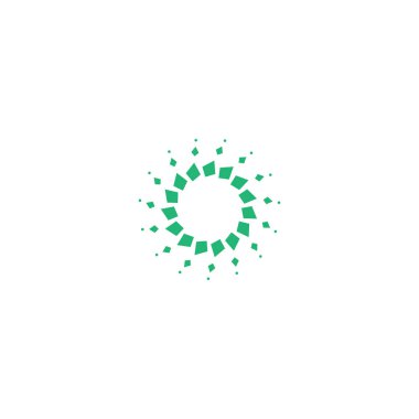 Yeşil enerji yuvarlak logosu beyaza izole edilmiş. Çemberler ve noktalar soyut şekiller. Yaratıcı bilim, teknoloji logosu. Sistem, iletişim, ağ, etkileşim, takım çalışması işareti. Vektör illüstrasyonu