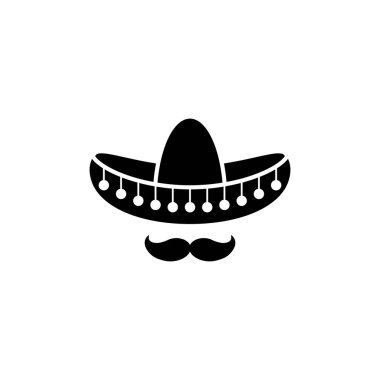 Sombrero, Meksika şapkası bıyıklı siyah ikon. Düz logo beyaza izole edilmiş. Vektör çizimi. Cinco De Mayo sembolü. Meksika sembolü.