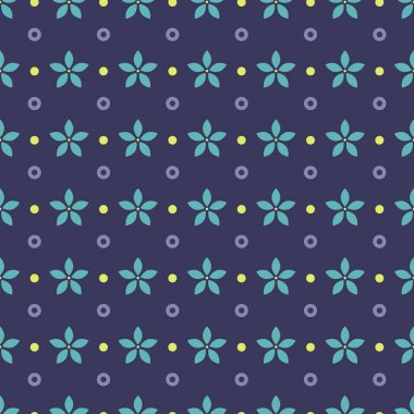 Seamless ethnic flower pattern. Blue blossoms, circles and dots on purple background. Vector symmetric illustration. Nature eco wallpaper.