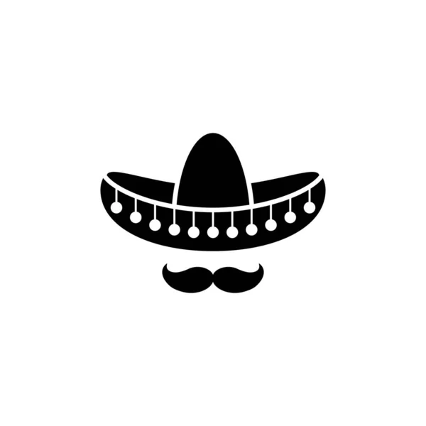Sombrero 墨西哥帽子 有胡子黑色图标 白色上的扁平标识 矢量图解 Cinco Mayo的象征 墨西哥符号 — 图库矢量图片