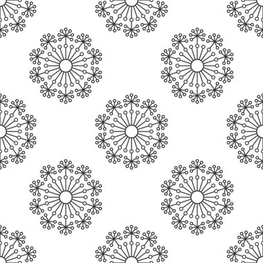 Çiçeksiz desenli, siyah karahindiba çiçekli. Beyaz arka plan. Dallı vektör çizimi. Kumaş, kağıt ya da ambalaj üzerine baskı için süsleme