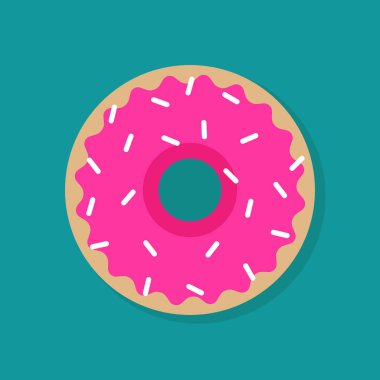 Pink strawberry donut isolated on blue background. Sweet sugar icing doughnuts. Tasty glazed cakes. Fastfood.
