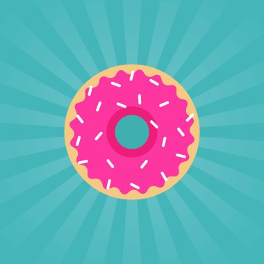 Mavi arka planda parlak pembe çilekli çörek ve ışınlar. Tatlı şekerli donutlar. Lezzetli pastalar. Fast food..