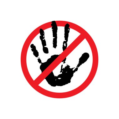 Kırmızı çizgili siyah el silueti beyaz arka planda izole edilmiş. Dur, dur, tabela. Sembollere dokunma. Boya yasağı işareti. Vektör çizimi. Giriş yasağı yok.