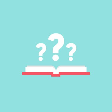 Kırmızı kaplı ve beyaz soru işaretli açık bir kitap. Turkuaz arka planda izole edilmiş. Düz vektör okuma simgesi. Bilinmeyen kitap resmi. Sembol sor. Merak logosu.