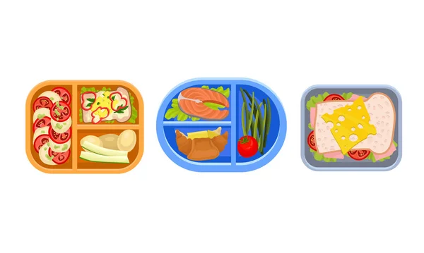 Plastic Lunch Boxes or Trays with Food in Different Sections Vector Set — Stock Illustration Plastic Lunch Boxes or Trays with Food in Different Sections Vector Set Vector Graphics