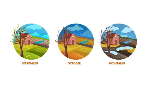 Autumn Season Months with Nature Landscape Vector Set