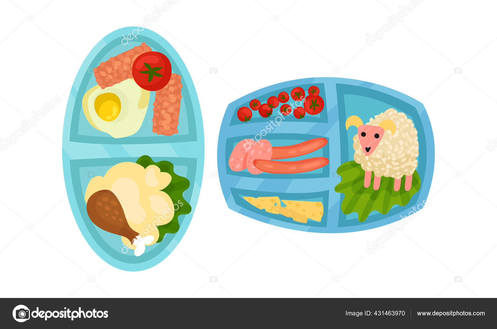 Sectioned Tray or Lunchbox with Food and Nutrition Vector Set Stock
