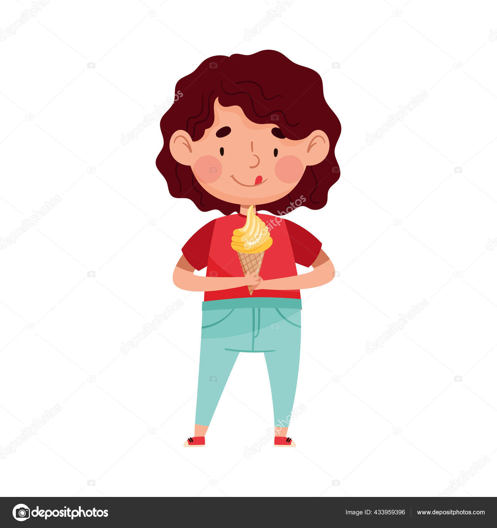 Gadis Gembira Karakter Makan Es Krim Dalam Waffle Cone Vector Illustration Stok Vektor Happypictures 433959396