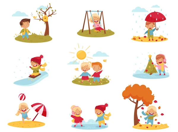 Kids Enjoying Four Seasons Playing Snowball Fight, Walking with Umbrella and Sledging Downhill Vector Set — Stock Illustration Kids Enjoying Four Seasons Playing Snowball Fight, Walking with Umbrella and Sledging Downhill Vector Set Royalty Free Stock Illustrations
