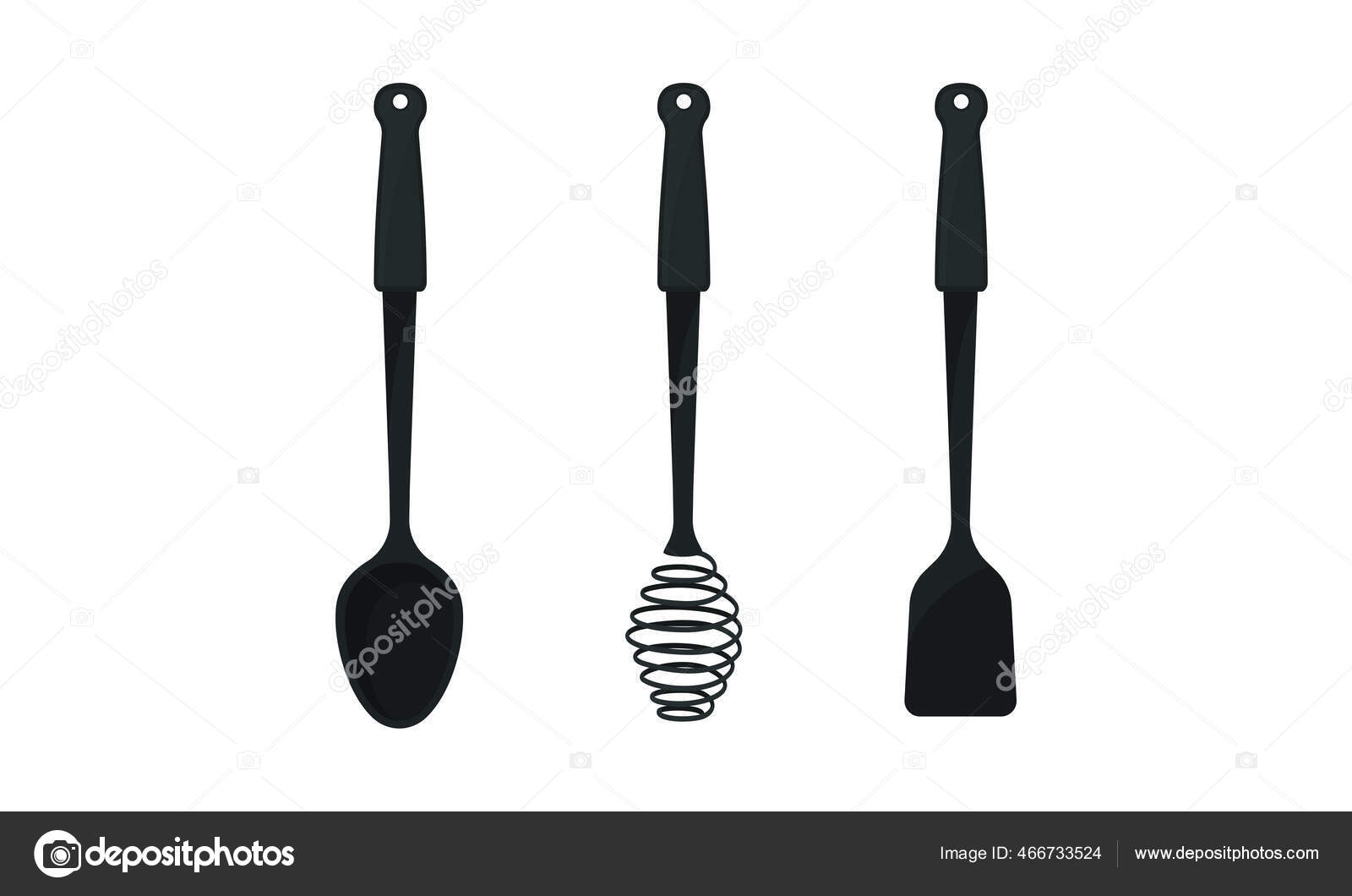Black Kitchen Utensil With Spoon And Spatula Vector Set Stock Vector Royalty Free Vector Image By Happypictures 466733524