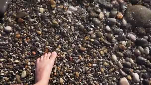 Stopy na brzegu plaży z kamyków skalnych. Człowiek idzie nad morze. — Wideo stockowe