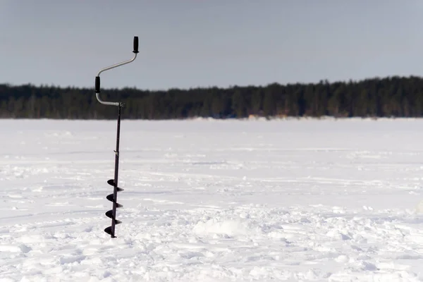 Furadeira Pesca Inverno Lago Congelado Gelo Esportes Inverno — Fotografia de Stock