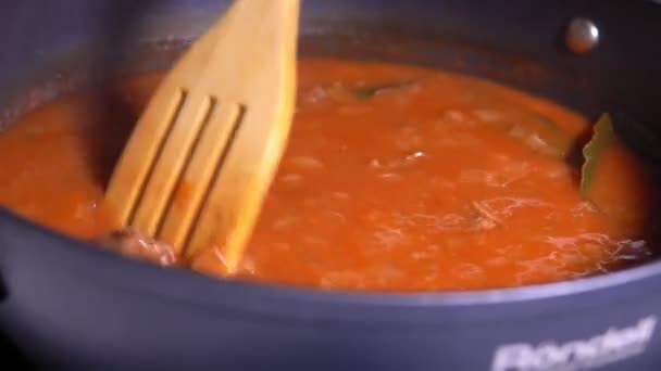 La cocina húngara es goulash. salsa de tomate en un dolor de ebullición. Con cebolla, tomate, pimentón, carne, hoja de laurel — Vídeo de stock
