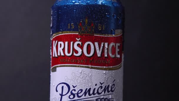 Tyumen, Russia-02 novembre 2020: Can of Krusovice Birra ceca analcolica. primo piano del logo — Video Stock