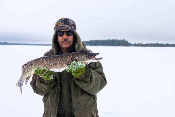 Winter Fishing Male Fisherman Holds Large Pike Fish His Hand — Stock Photo, Image