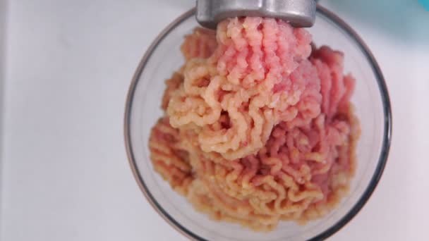 Minced meat in an electric meat grinder from Turkey and chicken — Stock Video