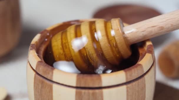 Деревянная палка к миске с жидким цветочным свежим медом. Здоровый органический мед капает, наливая из меда деревянную ложку. — стоковое видео
