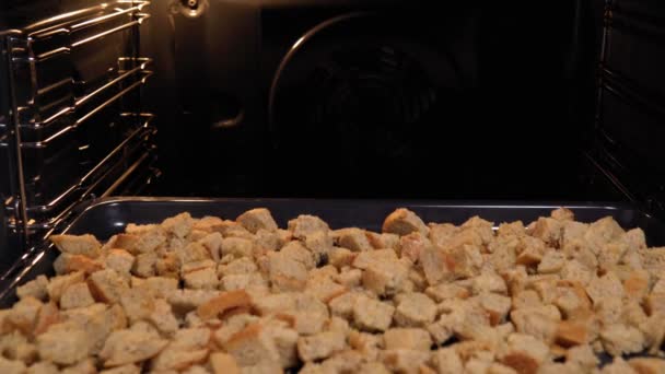 Preparation of croutons from bread in the oven. dried in the oven break cubes — Stock Video