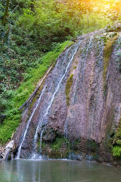 Вода Течет Падает Водопад Естественный Фон Селективный Фокус Вертикальное Фото — стоковое фото
