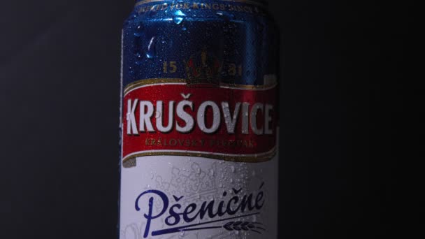 Tyumen, Russia-November 02, 2020: Krusovice Czech beer can close up logo. nonalcoholic beer — Stock Video