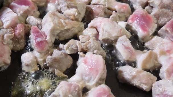 Chunks of roast pork meat close up fried in oil — Stock Video