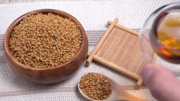 Genezing drank, zaden, medicinale plant fenegriek op een houten lichttafel close-up. shambala granen voor gebruik in alternatieve geneeskunde — Stockvideo