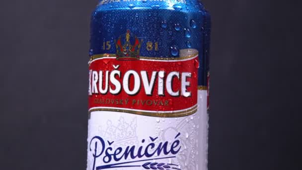 Tjumen, Russland - 02. November 2020: Dose Krusovice tschechisches alkoholfreies Bier. Nahaufnahme mit Logo — Stockvideo