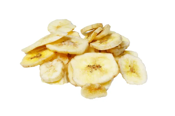 Banaan Chips Gedroogd Gebakken Banaan Plakjes Geïsoleerd Witte Achtergrond — Stockfoto