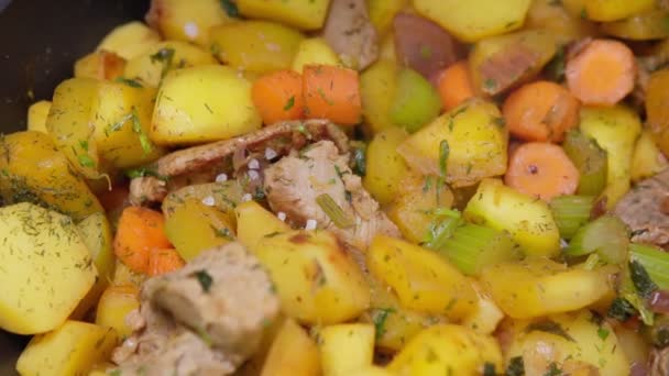 Pörkölt krumpli hússal. Fűszerezés tengeri sóval, Cook folyamat. Vacsora előkészítés. pörkölt étel. lassított felvétel — Stock videók