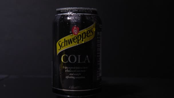 Tyumen, Russia-November 02, 2020: Can of the Schweppes cola with water drops. Popular Schweppes products ginger ale, introduced in 1870 — Stock Video