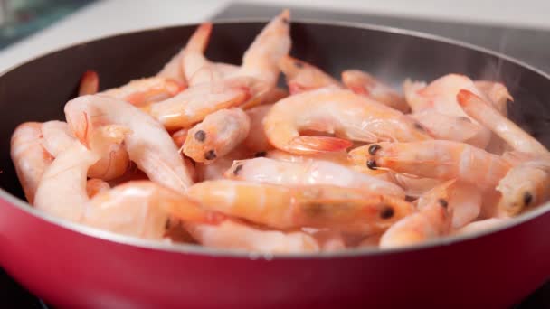 Camarones rojos con la cabeza en el primer plano del dolor en enfoque selectivo. alimentos de mar — Vídeos de Stock