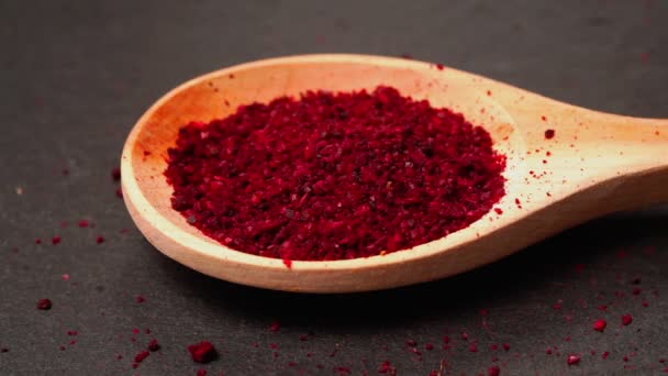 Spice Sumac közelkép egy fa kanál közelkép. szelektív fókusz — Stock videók