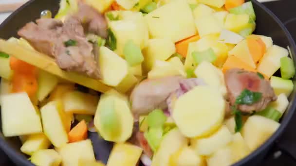 Cocine el guiso de verduras con el pavo en una sartén. Cocinar comida casera de cerca — Vídeos de Stock