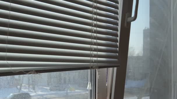 Žaluzie v otevřeném okně. v zimě se kymácí před větrem. selektivní zaměření — Stock video