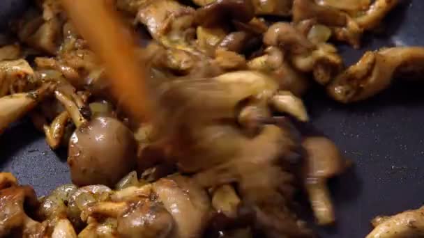 Cocinar champiñones fritos de cerca. enfoque selectivo. setas de ostra — Vídeo de stock